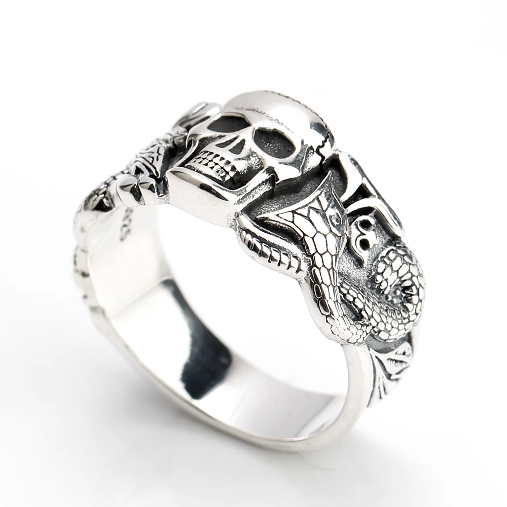 

925 Sterling Silver Skull Ring for Men Evil Devil with Snake Pattern Punk Style Finger Ring Men Fashion Jewelry