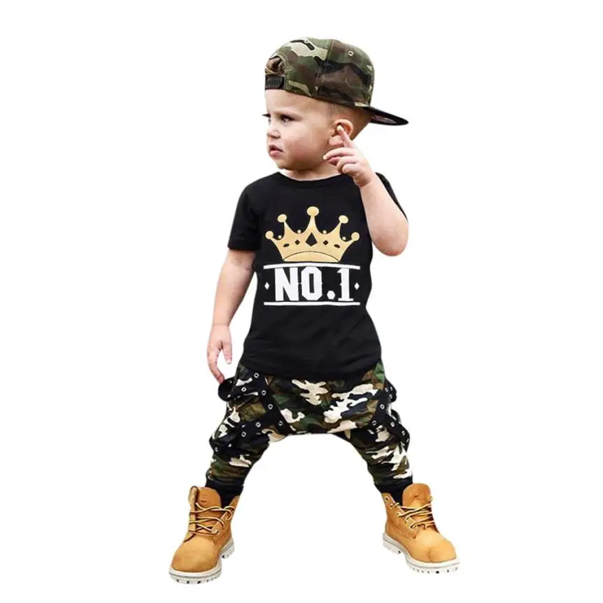

TELOTUNY 2018 Summer boys clothes Set Toddler Kids Baby Boy Letter T shirt Tops+Camouflage Shorts Outfits Clothes Set m5