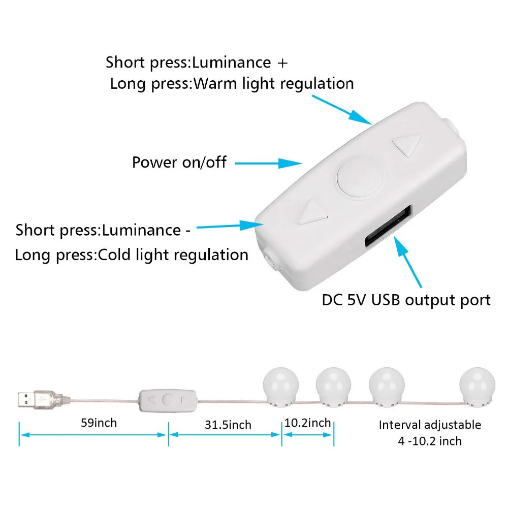 Светодиодный подсветка косметического зеркала комплект с питанием от USB Голливудский стиль 10 лампочки с регулируемой яркостью макияж освещение трубчатое приспособление макияж туалетный столик