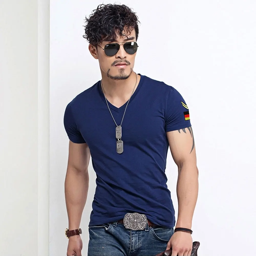Летние повседневные Slim Fit v образный ворот для мужчин чехол телефона на руку