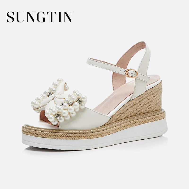 

Sungtin 2018 New Design Pearl Slingback Party High Heels Sandals Women High Quality Platform Shoes Espadrilles Ladies Wedges