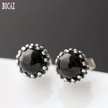 S925 pure silver stud earrings hand-set natural black stone ladies vintage Thai silver earrings for Women S925 pure silver stud earrings hand-set natural black stone ladies vintage Thai silver earrings for Women