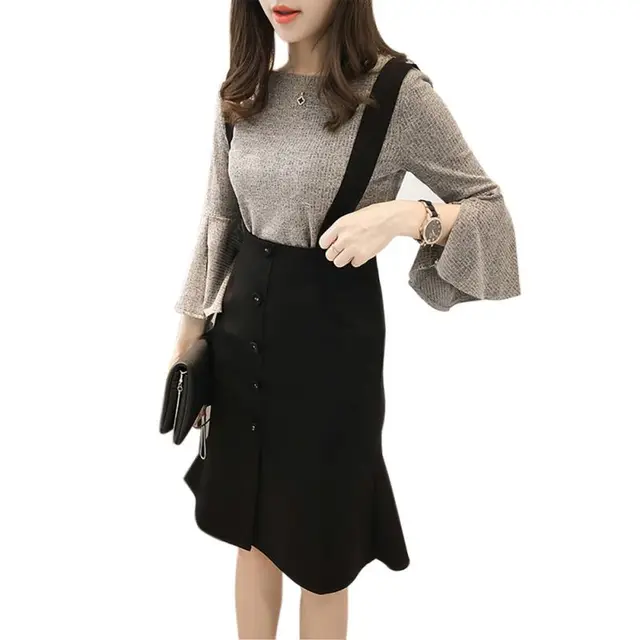 Best Offers Women Ruffle Bottoming Shirt+Strap Dress Two-piece Suit Female Autumn Winter Clothing Set Best Offers Women Ruffle Bottoming Shirt+Strap Dress Two-piece Suit Female Autumn Winter Clothing Set