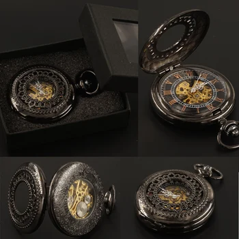 

Black Flowers Mechanical Pocket Watches FOB Chain with Gift Box Hand Wind Skeleton Mens Steampunk 2017 Free Shipping