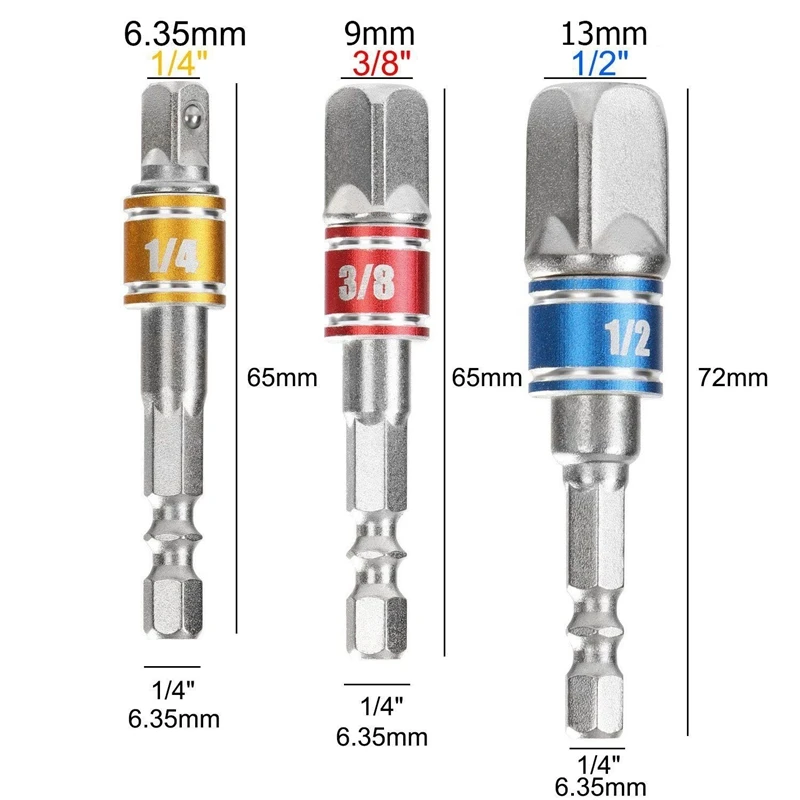 3 шт. гнездо адаптера ударный набор шестигранный хвостовик до 1/4 3/8 1/2 дюймов красочный удлинитель конвертер ударные сверла драйвер Мощность