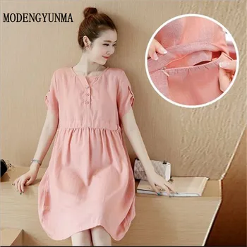 

MODENGYUNMA Maternity dress Linen Nursing pregnance v-neck clothes Breastfeeding summer short dress Breast Pregnance Clothes new