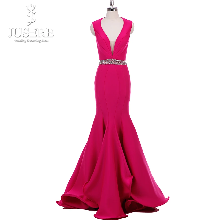 

On Sale Deep V Neckline Open Keyhole Back Shape Mermaid Crystal Belt Fish Tail Bottom Elega Fushia Trumpet Evening Dress