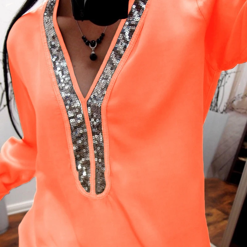 

Sexy Sequin V Neck Autumn Blouse Shirts Solid Stitching Shirt Black White Long Sleeve Women Tops Tunic Femme Blusas Female