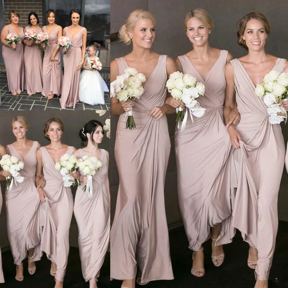2019 Pink Long Bridesmaids Dresses Deep V Neck Beach Wedding Guest