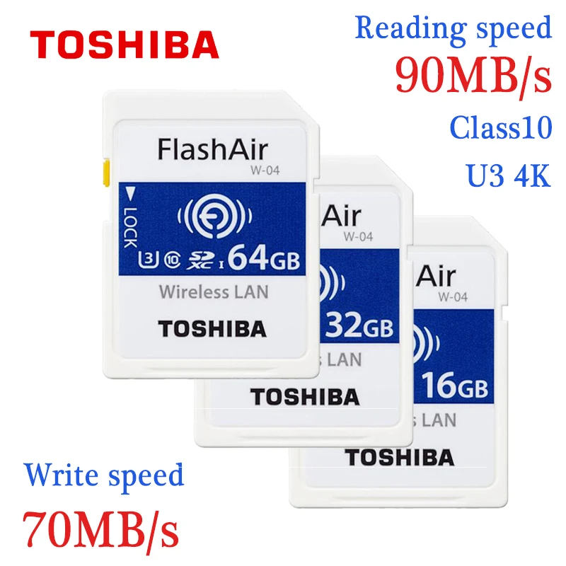 Карта памяти TOSHIBA Wifi 16 ГБ 32 64 Гб 90 м/с SDHC SDXC Class 10 U3 Tarjeta SD FlashAir W 04 carte sd для цифровой