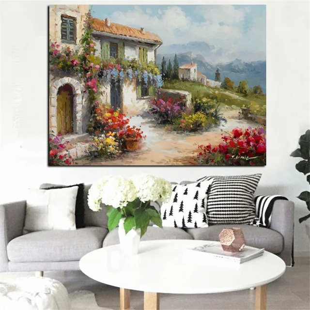Pintura al óleo de paisaje de jardín con estampado abstracto de Mar Mediterráneo, lienzo, Mural moderno para sofá, Póster Artístico para sala de estar Pintura al óleo de paisaje de jardín con estampado abstracto de Mar Mediterráneo, lienzo, Mural moderno para sofá, Póster Artístico para sala de estar