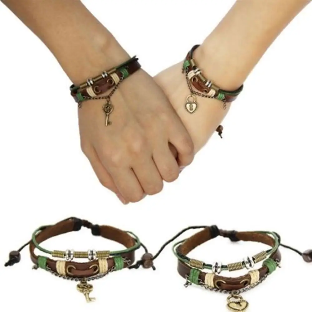 

New 2 pcs His & Hers Lovers Braclet Bangles Lock and Key Couples Leather Bracelet Friendship Hot Man Women