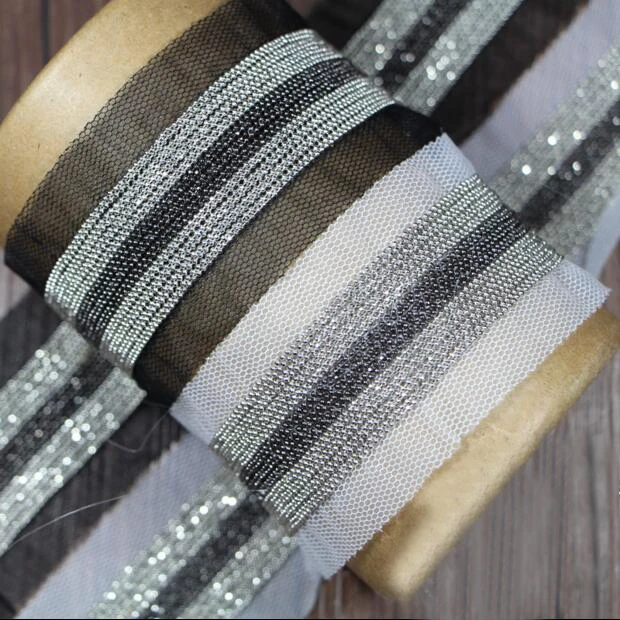

2yards Bead Chain Fringe Beaded Trimming Lace Ribbon DIY Sewing Clothing Decoration Accessories Black White Mesh Lace Fabric
