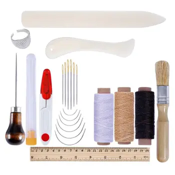 

23Pcs Leather Craft Working Hand Tools Kit Sewing Punch Stitching Awl Needle Thread Ruler Scissors DIY Set Metal Plastic Wooden