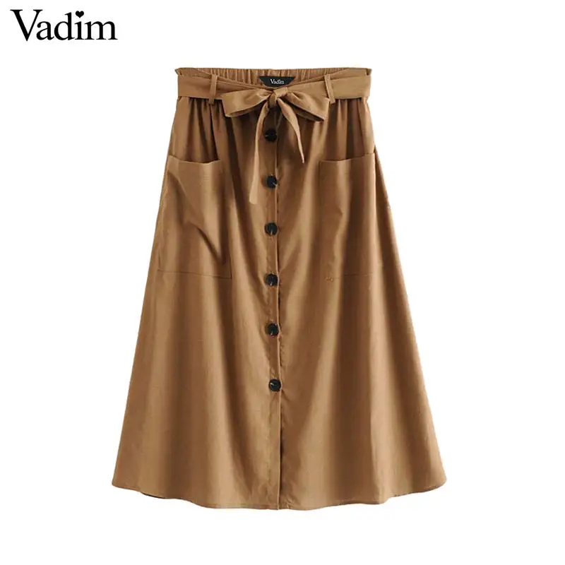 

Vadim women elegant solid pleated midi skirt back elastic bow tie design buttons pockets decorate female casual skirts BA585