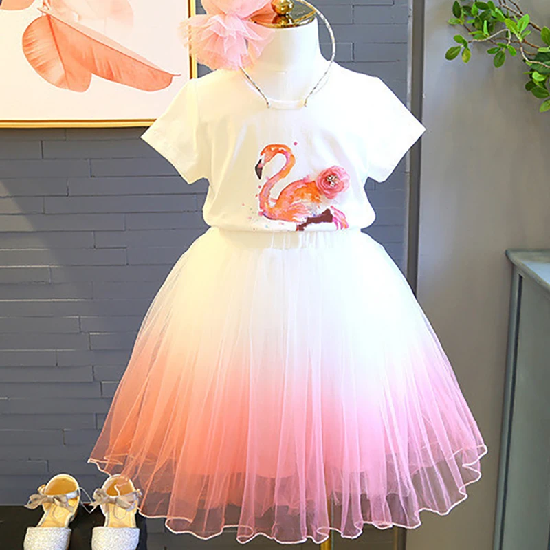 

Girls Clothing Suit 2019 Summer Girls' Wear Flamingo Short Sleeve T-Shirt + Wild Gradient Girl Dress Two Piece Set