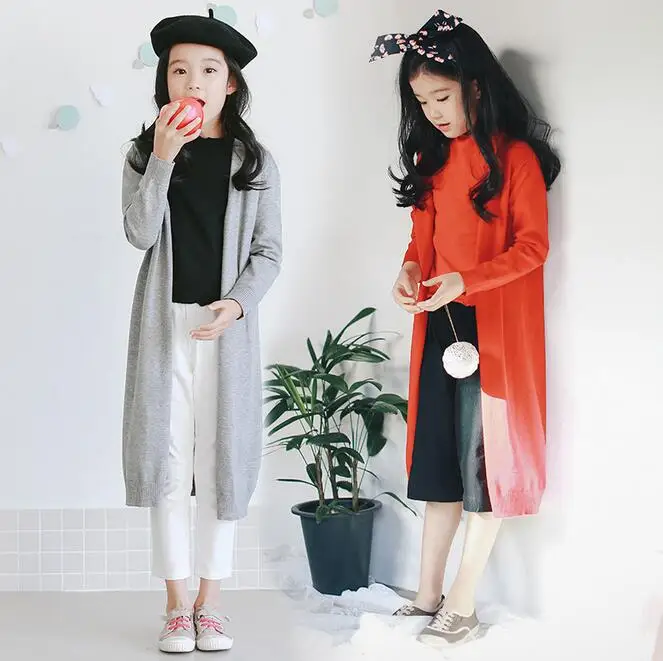 

Long Style Open Stitch Knitted Cardigan For Girls Long Sleeve V-neck Solid Color Sweater Casual Kids Outerwar Sueter Infantil