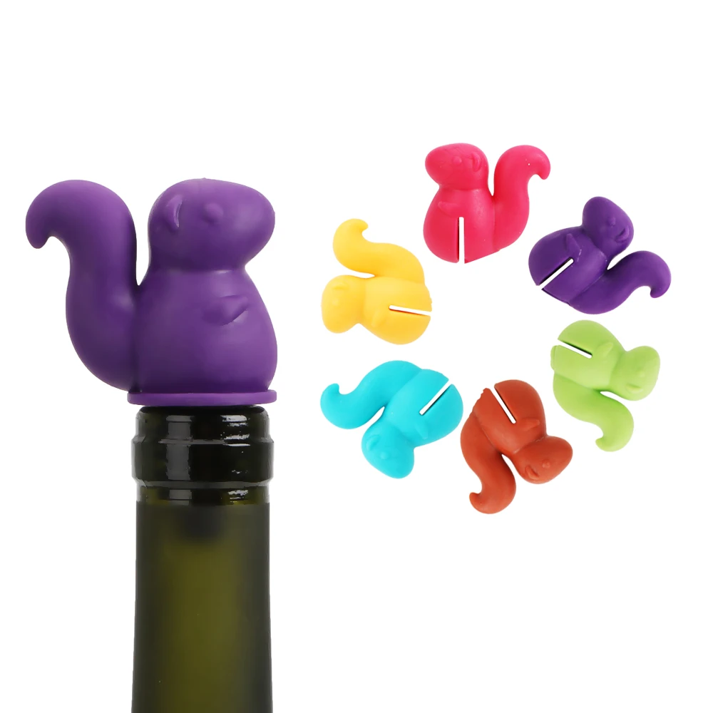 HILIFE Drink Cup Silicone Marker Cute Squirrel Shape Wine Bottle Stopper Rubber Wine Glass Label Wine Cork Plug 7 pcs/set