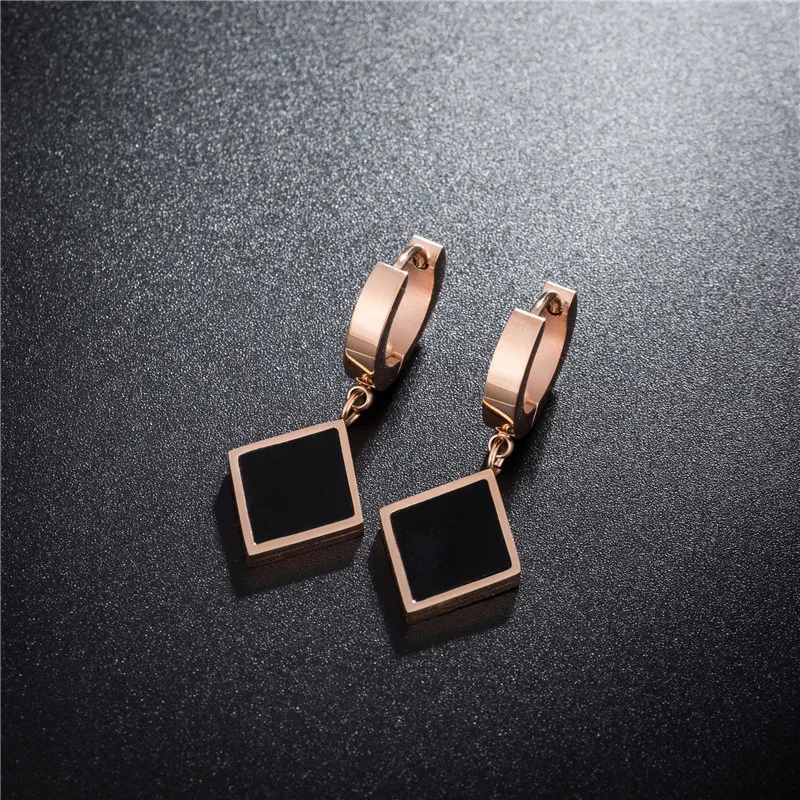 

YiKLN Black Shell Square Titanium Steel Ear Buckle Female Hoop Earrings Classic Rose Gold Wedding Earrings For Women E18177