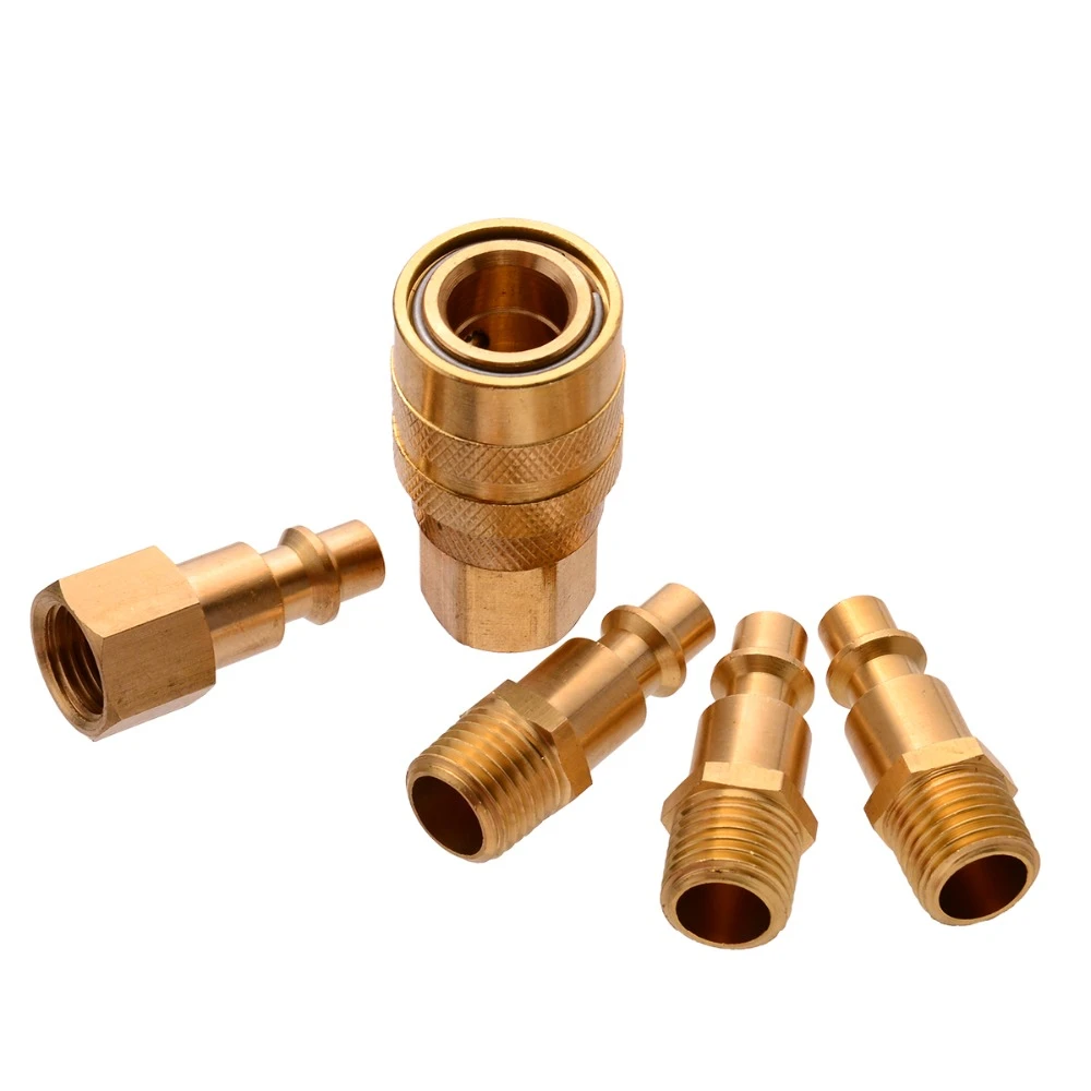 5pcs Solid Brass Coupler Set Air Hose Connector Fitting 1/4 NPT Tools Plug Fi 