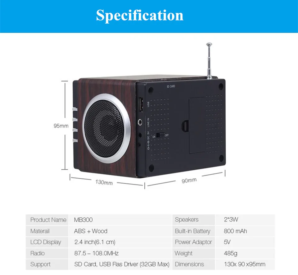 August MB300 Mini Wood FM Radio with MP3 Stereo System