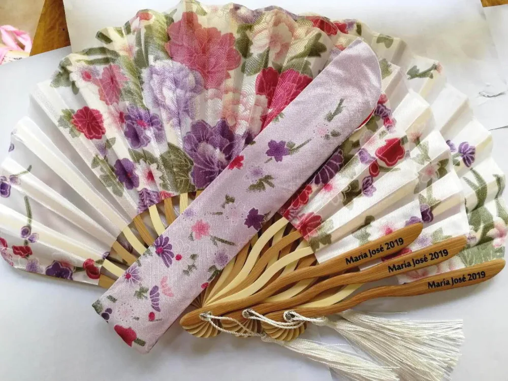 Set of 50 Personalized Delicate Cherry Blossom Design Silk Folding Fan