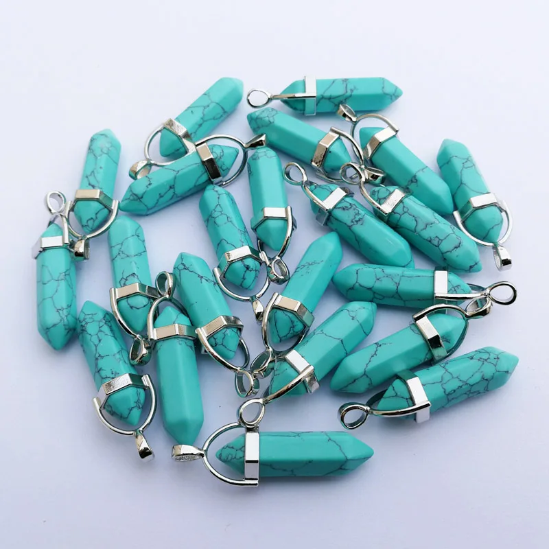 

Wholesale 50pcs blue calaite stone Pendants Natural Hexagonal alloy pillar Pendants & necklaces for making Jewelry