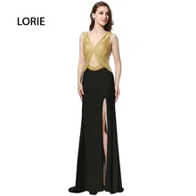 Abendkleider kurz 2017 Abendkleid Scoop Gold und Schwarz Chiffon Lange Formale Abendkleid Höhe Aufgeschlitzte Backlss Besondere Anlässe Kleid