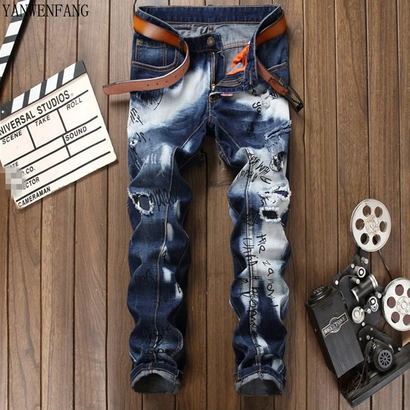 Men Hio-Hop Jeans Print Skinny Distress Fray Hole Washing euramerican Slim Fit Spring Autumn Newest Hot Sale Casual Pants Jeans Men Hio-Hop Jeans Print Skinny Distress Fray Hole Washing euramerican Slim Fit Spring Autumn Newest Hot Sale Casual Pants Jeans
