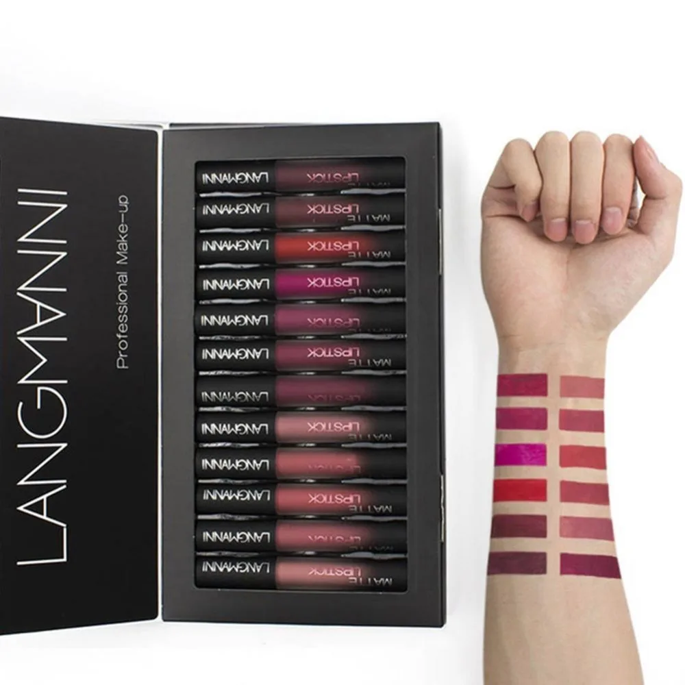 

Maquiage 12pcs/lot matte Lipstick Waterproof Long-lasting Velvet lipstick set Red Tint Nude batom makeup set brand langmanni