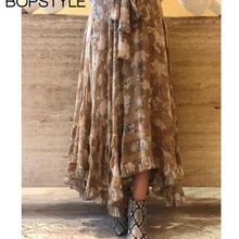 Одежда высшего качества Для женщин шампанские шелковые Высокая Талия необузданным носовым платком и кружевными оборками Юбка-миди с плиссированная юбка-американка с рюшами, завязывающимся поясом