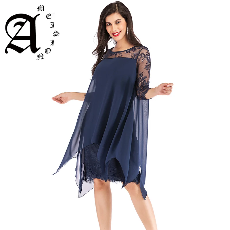 

Ameision Lace Chiffon Patchwork Dress Women O-neck 3/4 Sleeve Loose A-line Dress Ladies Elegant Hollow Evening Party Dress 5XL