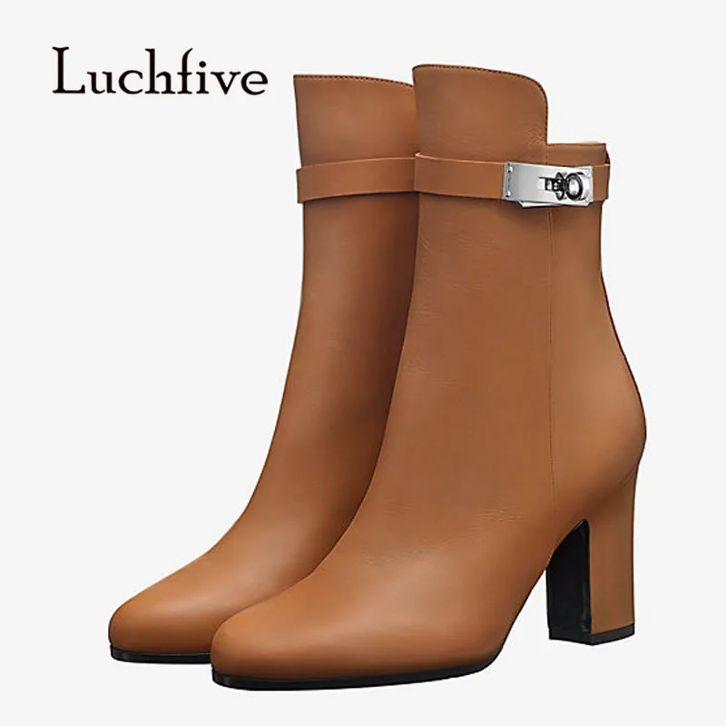 

2018 lock Decor Ankle Boots Women Pointed Toe High Heel Boots Woman Runway Shoes