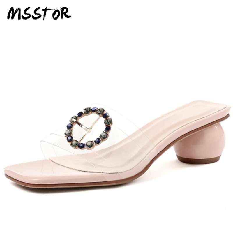 

MSSTOR Strange Style Women Slippers Peep Toe White Fashion Concise Pink Outside Rubber High Heels Circular Crystal Summr Shoes