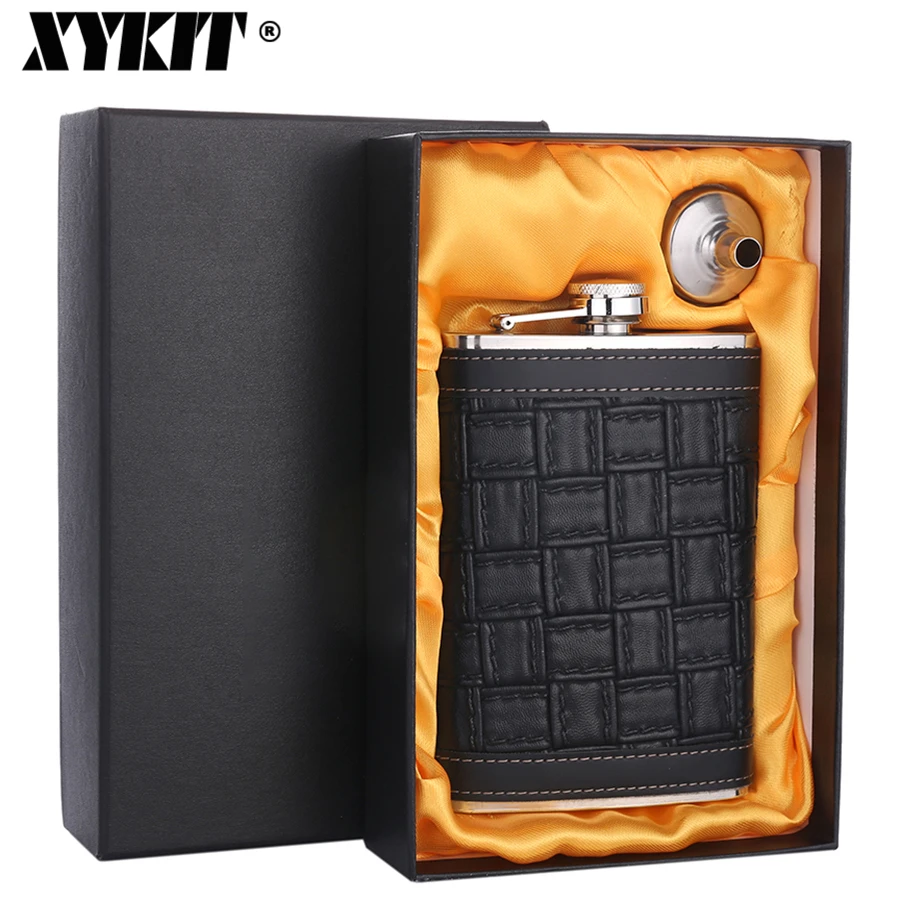 XYKIT Personalized Alcohol Flask 9oz Black Squares Leather Stainless