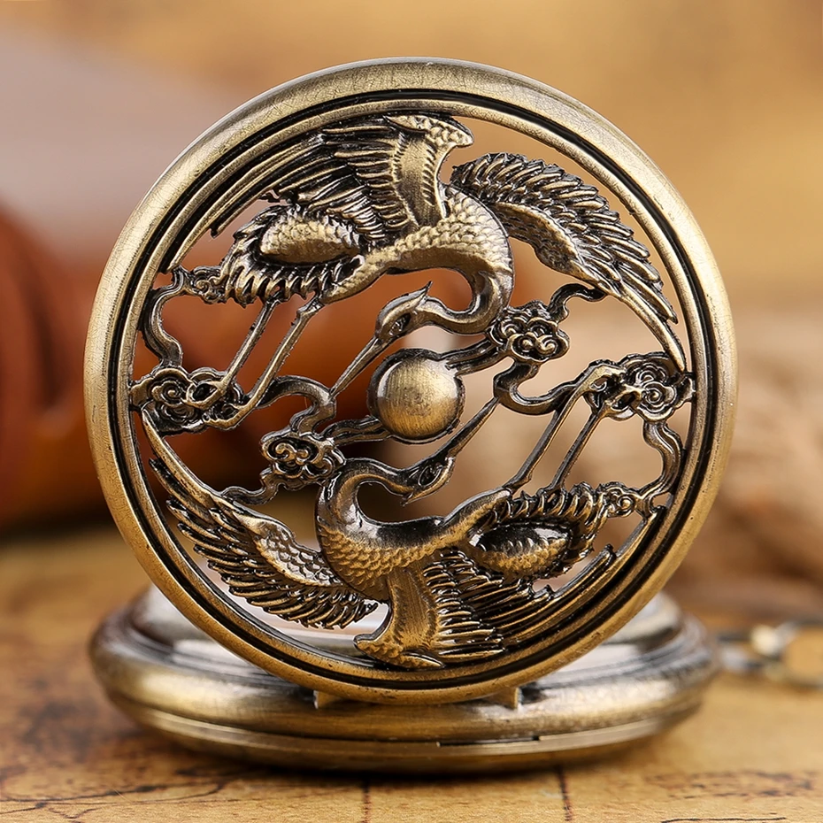 Vintage Chinese Crane Pattern Mechanical Pocket Watch Retro Bronze Phoenix Hand-winding Pendant Chain Clock Men Women Elder Gift (10)