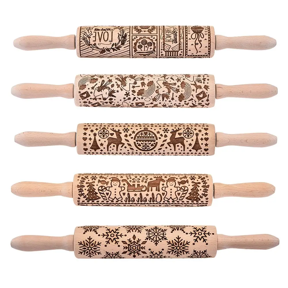 

Christmas Elk Snowflake Snowman Wooden Rolling Pin Embossing Baking Cookies Noodle Biscuit Cake Dough Patterned Roller Kitchen