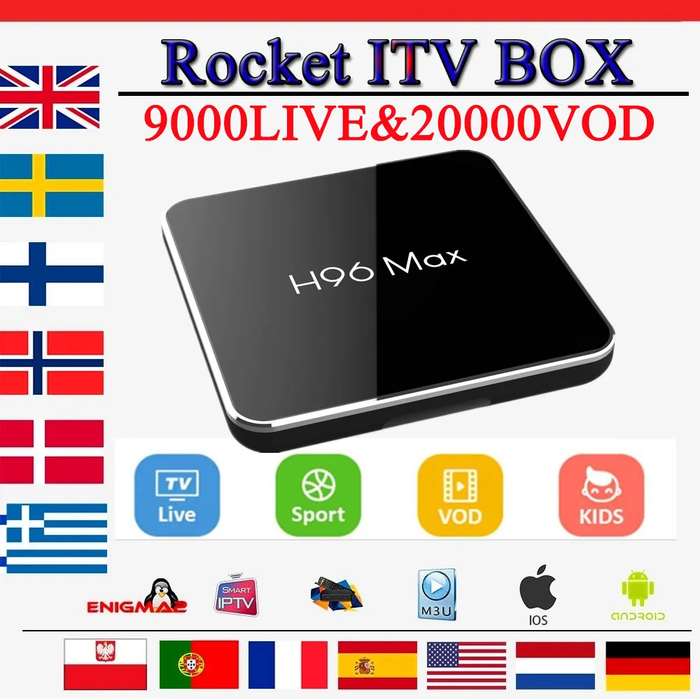 

H96 max x2 android tv box 8.1+Full 4K Rocket iptv server with 9000 live&20000 vod for Italy Sweden Germany Albania Poland ip tv