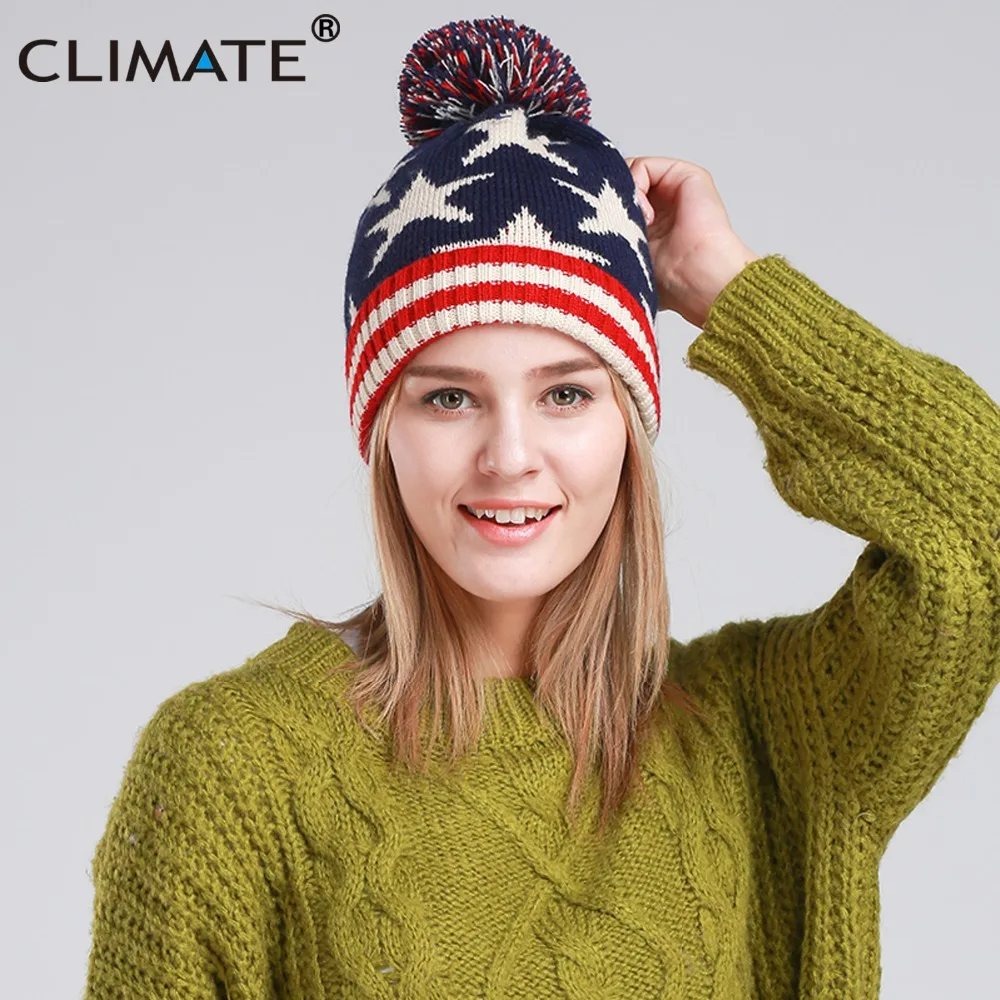 Женские зимние теплые шапки CLIMATE шапка с флагом США вязаная помпоном для девочек