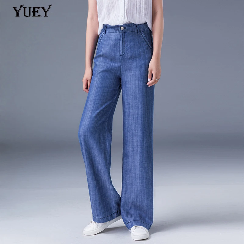 

Women's Straight High Waist Tencel Cotton Jeans Female Long Wide-legged Trousers Fashion Thin Loose Leisure Elegent Jeans Blue