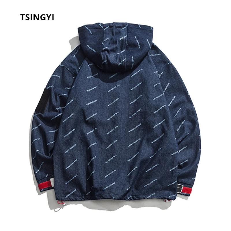 Tsingyi Spring Hooded Men Denim Jacket Print Letter Blue Mens Denim Jean Jackets Streetwear bombers homme Jackets for Men Coats