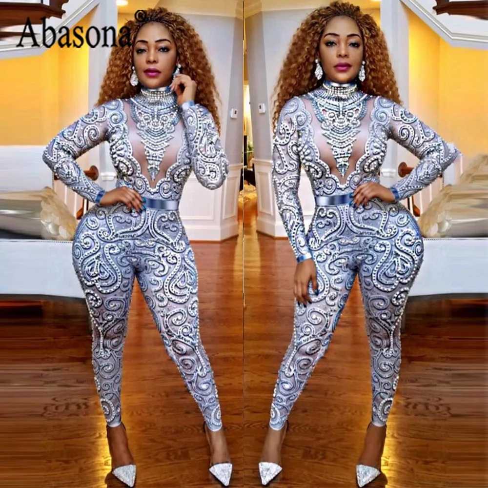 Abasona Vintage Print Sexy Bodycon Jumpsuit Women Long Sleeve Turtleneck Rompers Womens Jumpsuit Birthday Wear Party Outfit