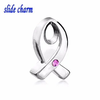 

slide charm Free shipping Valentine's Day gift fashion pink breast cancer ribbon inlay crystal charm beads fit Pandora bracelet