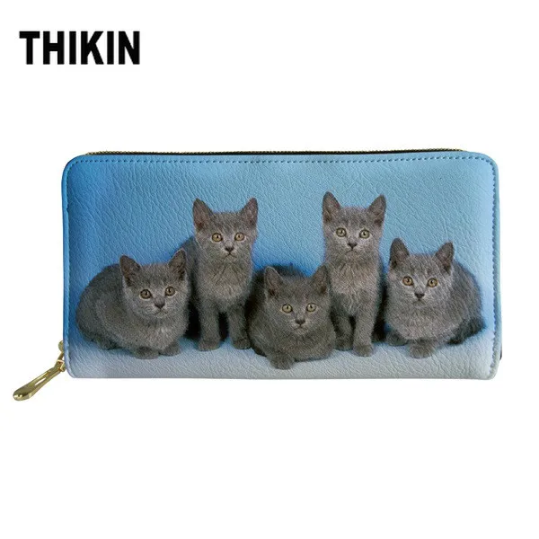 

THIKIN Cute Cats Printing Woman Long PU Leather Wallet Animal Design Lady Zipper Purse Casual Large Cash/Coin Bags Cartera Mujer