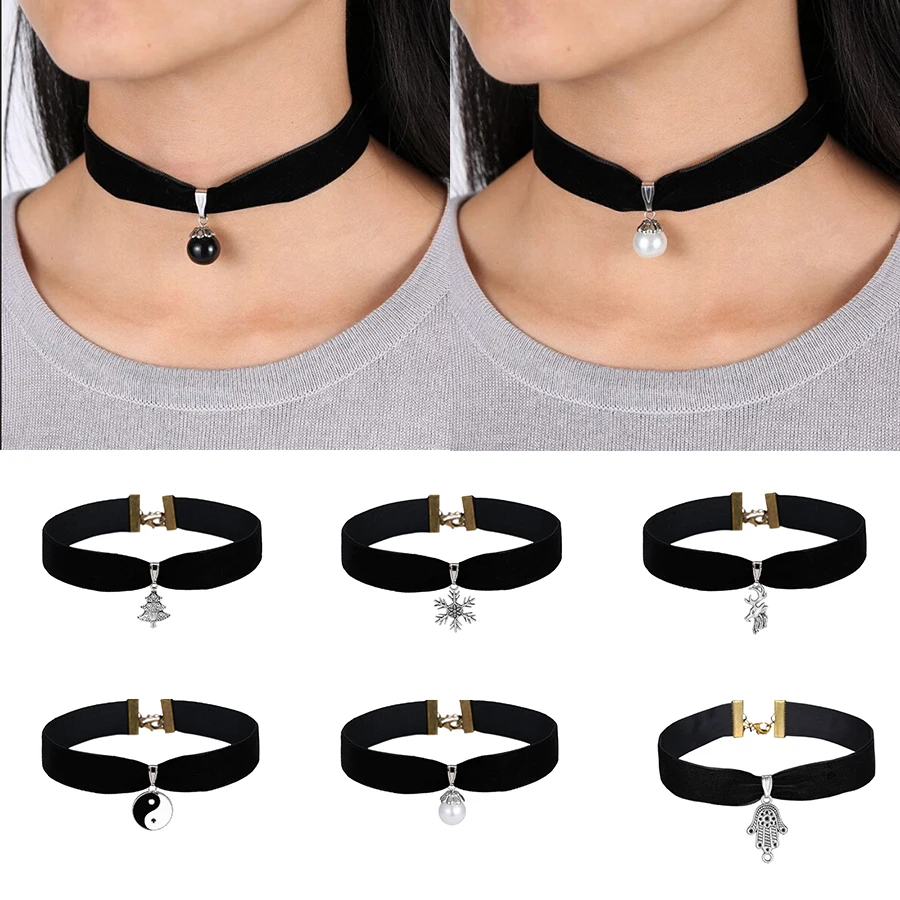 

Black Velvet Choker Necklaces for Women Short Clavicle Collares Black White Pearl Palm Elephant Snowflake Chain Necklace Jewelry