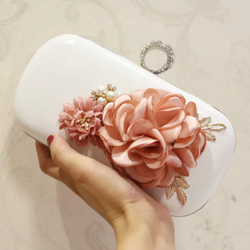 

Floral Wedding Dress Evening Bag Knuckle Rings Diamonds Flower Party Bride Wallet Day Clutch Chain Makeup Shoulder Bag Banquet