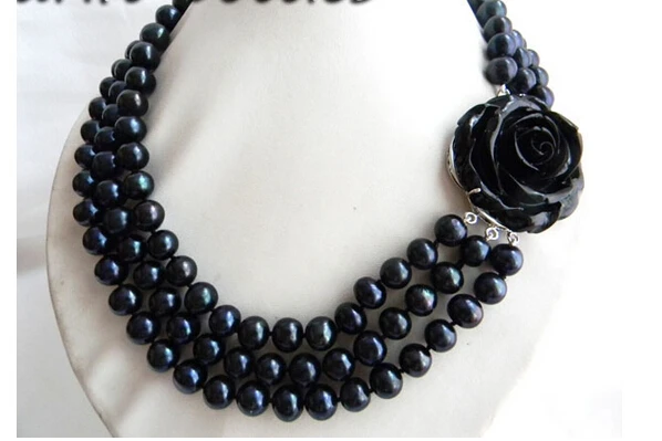 

FREE shipping 3Strands 18'' 10mm Black Round Freshwater Pearl Necklace