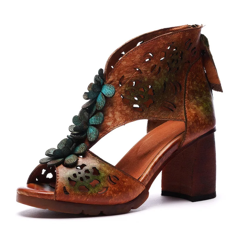 Women Gladiator Sandals Embroidery Leather 7 CM High Heels Chunky Sandals Peep Toe Handmade Genuine Leather Women Sandals Brand