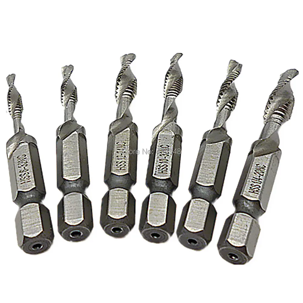 6pcs 1/4" Hex Shank Combination Drill Tap Bits Wood Metal Plastic