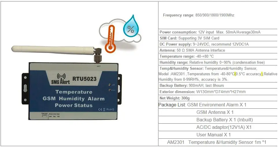 Ближний-дальний Температура влажности Напряжение с SMS оповещения! RTU5023 GSM сигнализация окружающей среды с датчиком 5 м